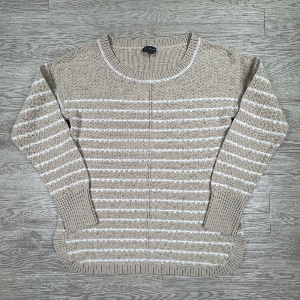 Eddie Bauer Women's Sweater‎ Cotton Knit Striped Tan White Small Long Sleeve